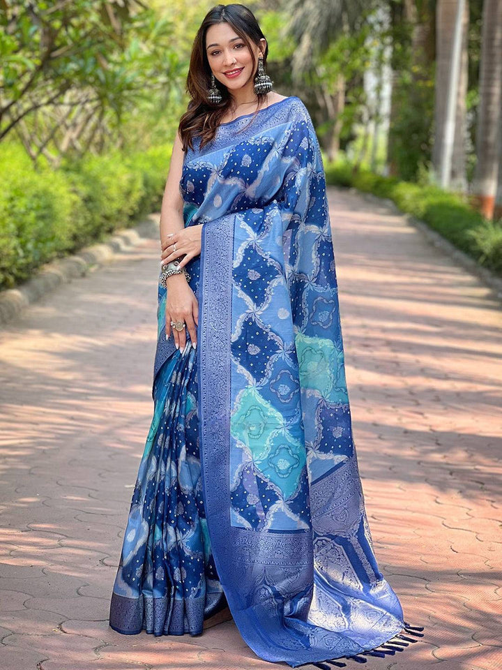 Blue Soft Silk Saree with Abstract Digital Print & Royal Zari Border