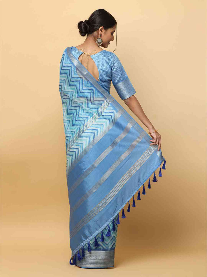 Sky Blue & Navy Zigzag Soft Silk Saree with Silver Zari Border