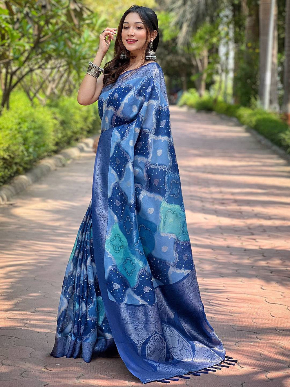 Blue Soft Silk Saree with Abstract Digital Print & Royal Zari Border