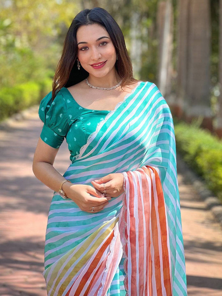 Pastel Rainbow Striped Organza Saree
