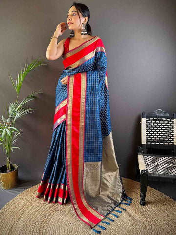 Blue & Red Soft Silk Saree with Golden Zari Checks and Dual-Tone Border
