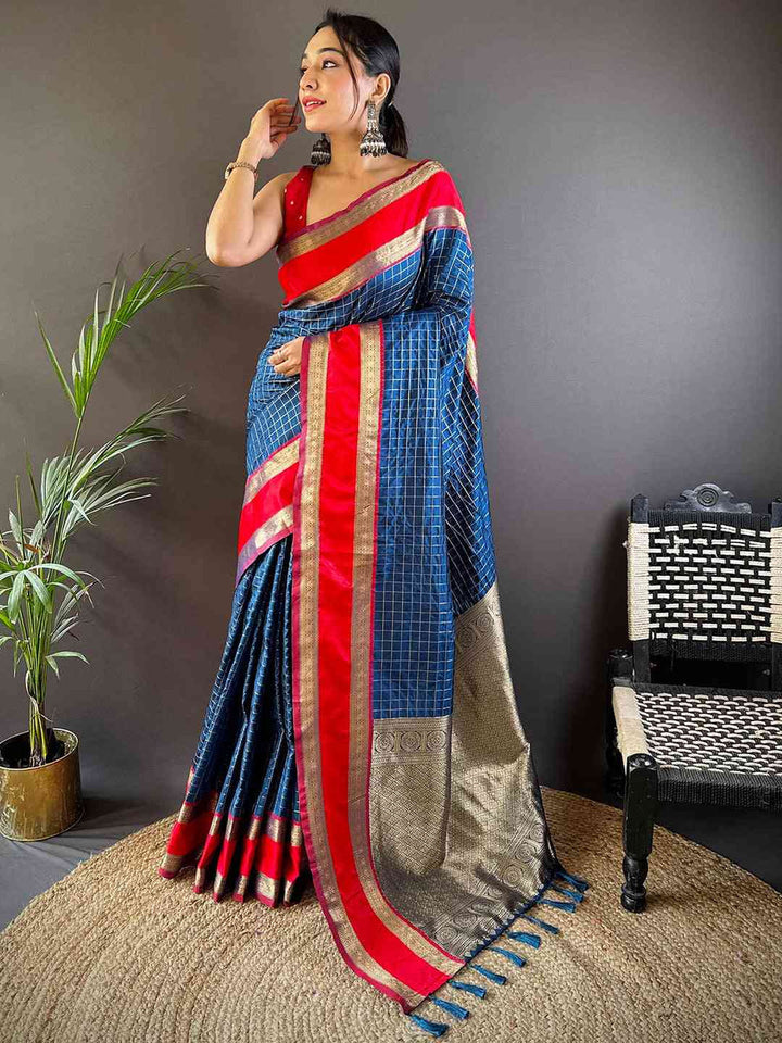 Blue & Red Soft Silk Saree with Golden Zari Checks and Dual-Tone Border