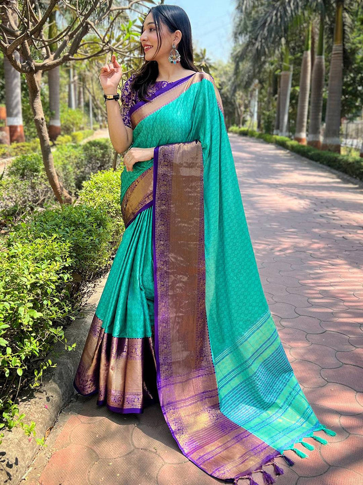 Teal Soft Silk Saree with Purple Gold Zari Border & Traditional Woven Pallu