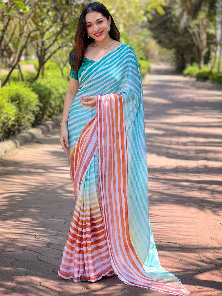 Pastel Rainbow Striped Organza Saree