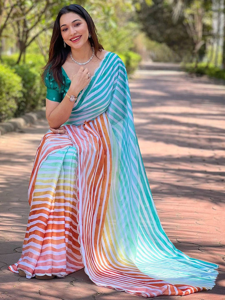 Pastel Rainbow Striped Organza Saree