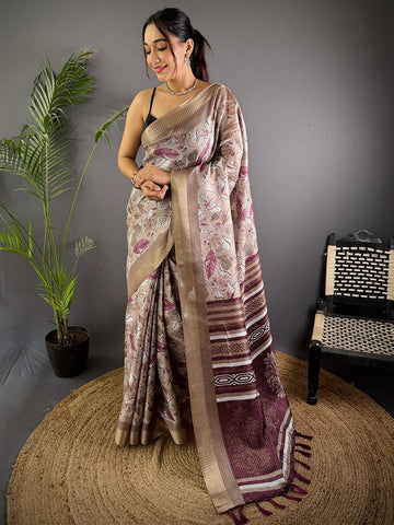 Beige & Maroon Printed Soft Silk Saree with Designer Pallu & Tassels