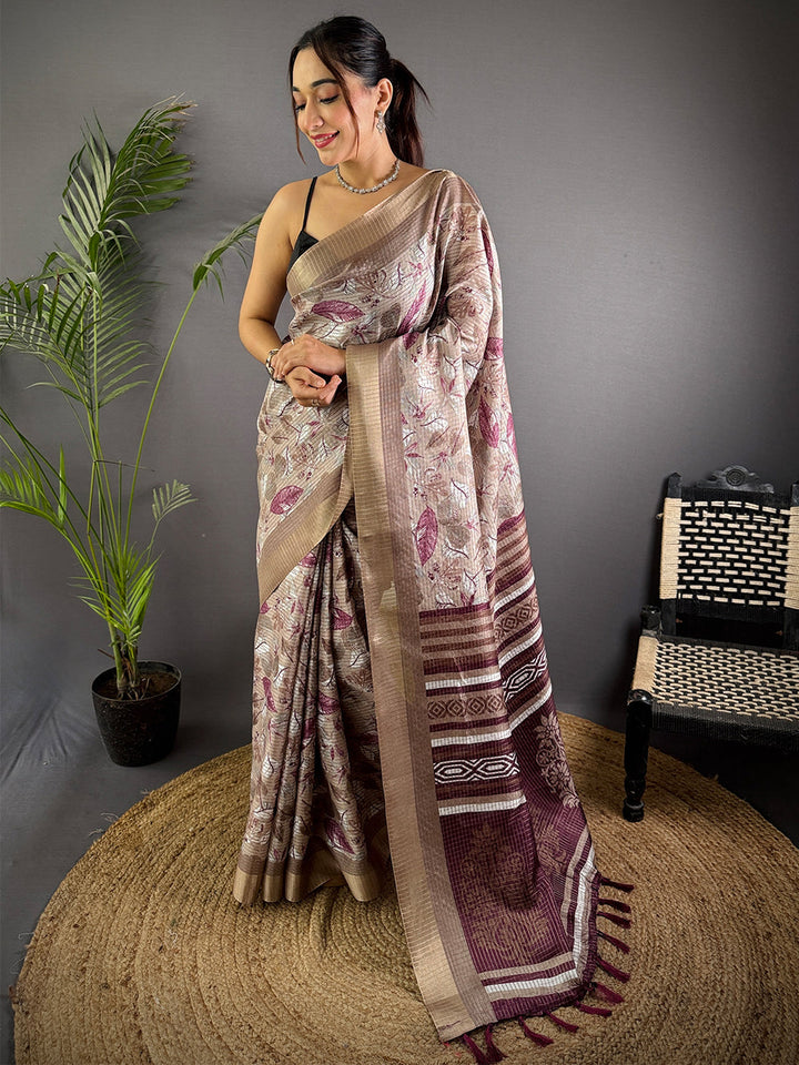 Beige & Maroon Printed Soft Silk Saree with Designer Pallu & Tassels