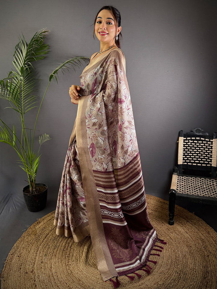 Beige & Maroon Printed Soft Silk Saree with Designer Pallu & Tassels