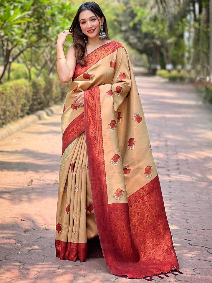 Beige & Maroon Banarasi Silk Saree with Woven Leaf Motifs