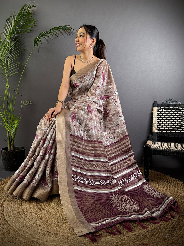 Beige & Maroon Printed Soft Silk Saree with Designer Pallu & Tassels