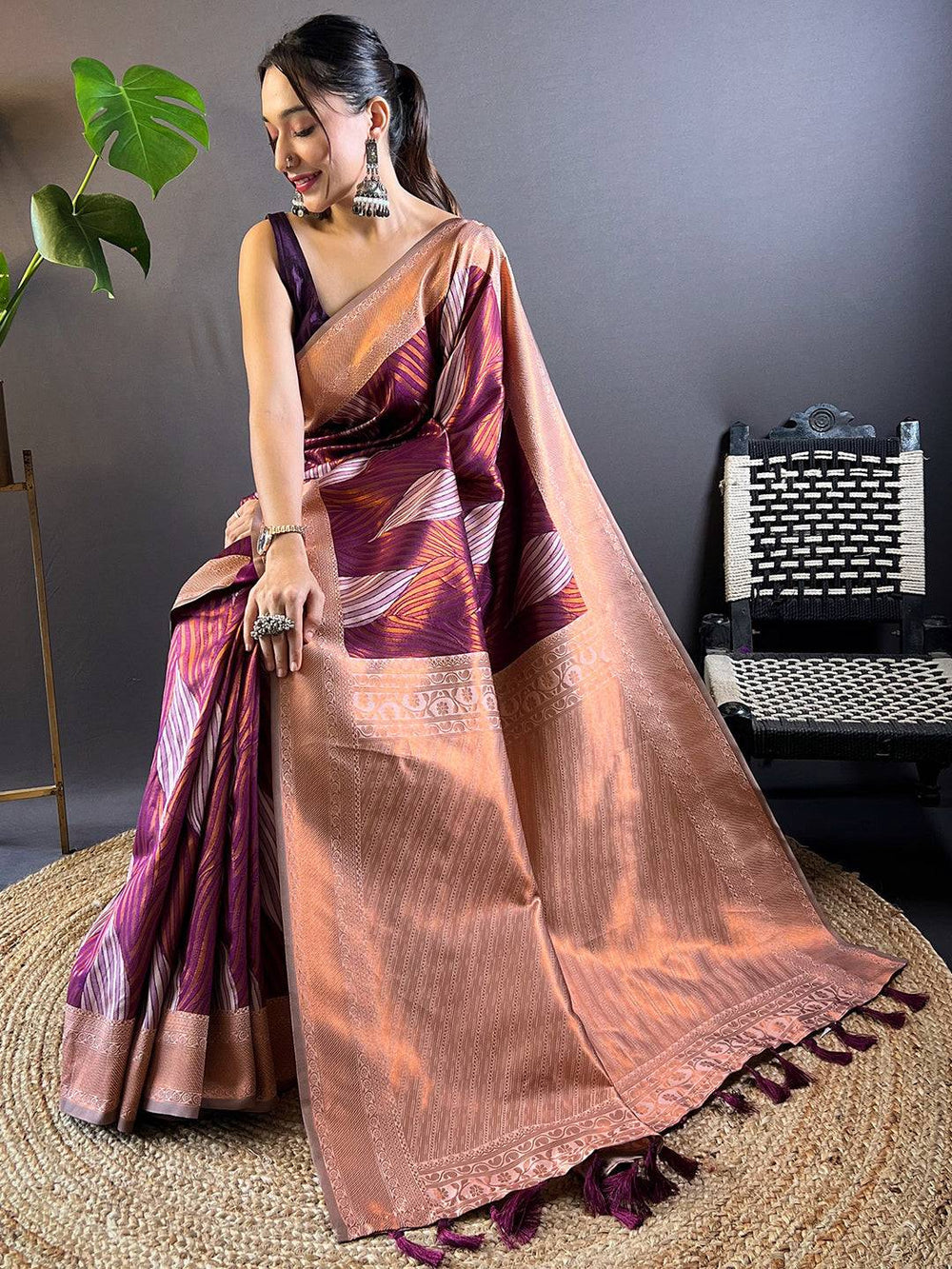 Peach & Plum Soft Silk Saree with Modern Leaf Print and Zari Border
