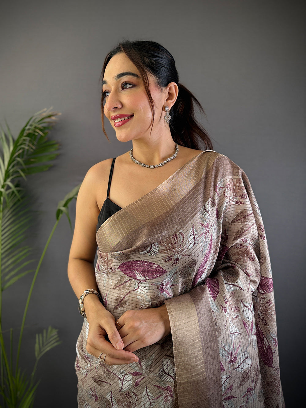 Beige & Maroon Printed Soft Silk Saree with Designer Pallu & Tassels