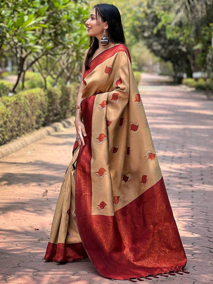 Beige & Maroon Banarasi Silk Saree with Woven Leaf Motifs