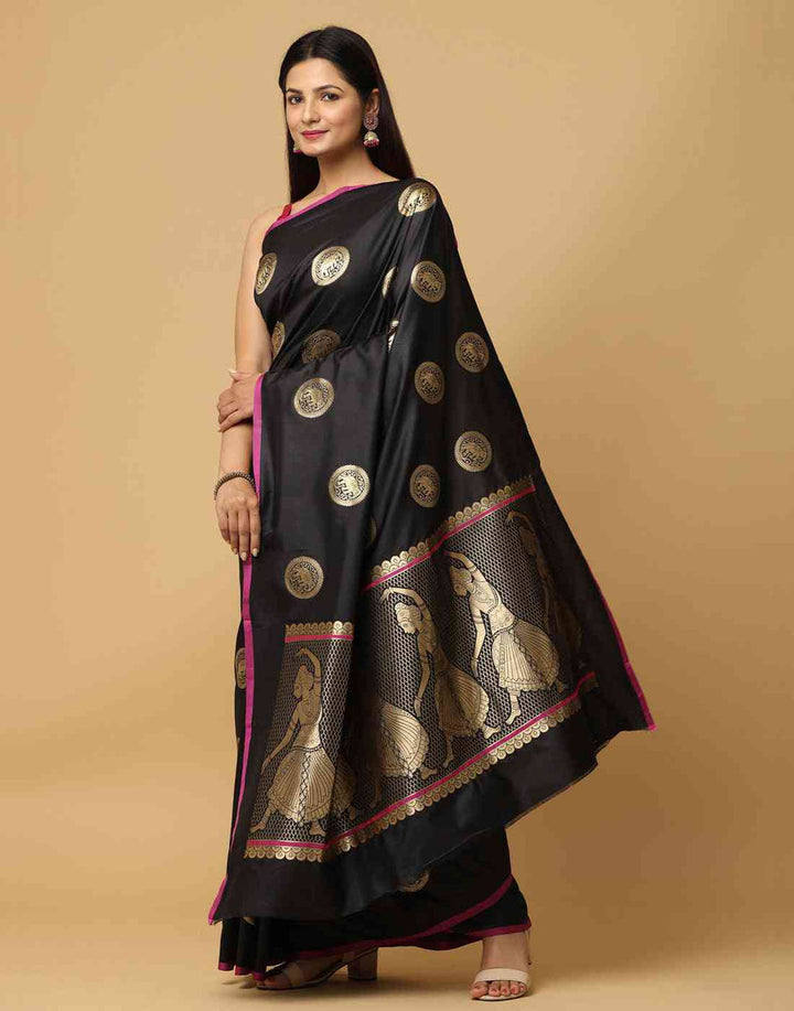 Black Silk Saree with Gold Coin Motifs & Traditional Dancing Lady Border