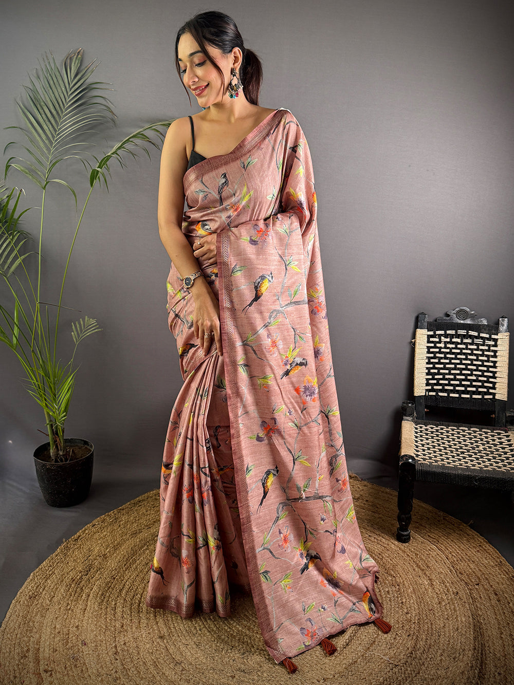 Blush Pink Soft Silk Saree with Digital Bird Print & Tassel Pallu
