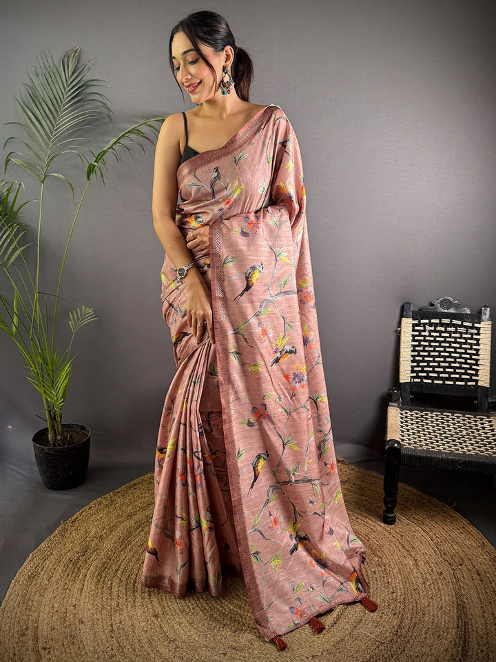 Blush Pink Soft Silk Saree with Digital Bird Print & Tassel Pallu