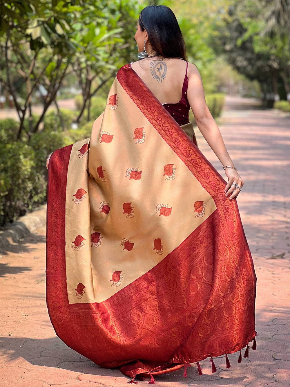 Beige & Maroon Banarasi Silk Saree with Woven Leaf Motifs