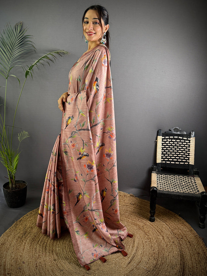 Blush Pink Soft Silk Saree with Digital Bird Print & Tassel Pallu