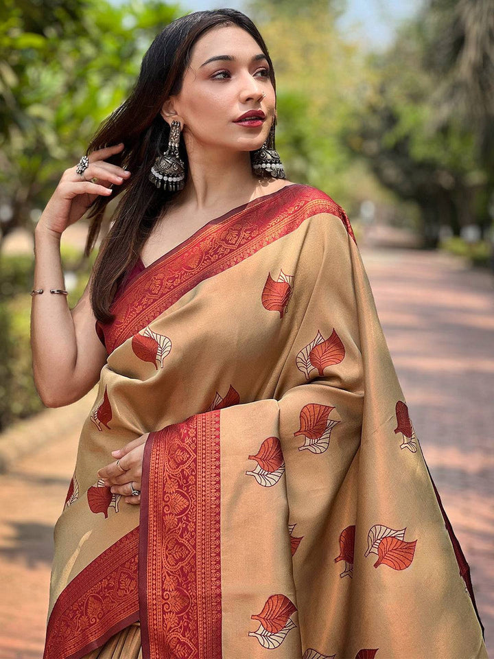 Beige & Maroon Banarasi Silk Saree with Woven Leaf Motifs