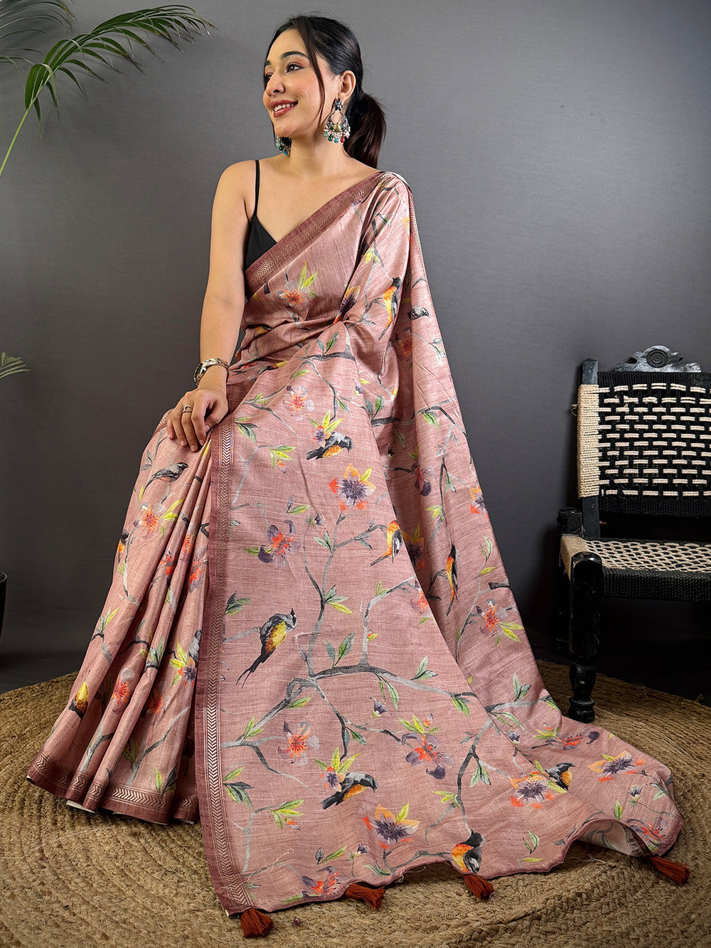 Blush Pink Soft Silk Saree with Digital Bird Print & Tassel Pallu