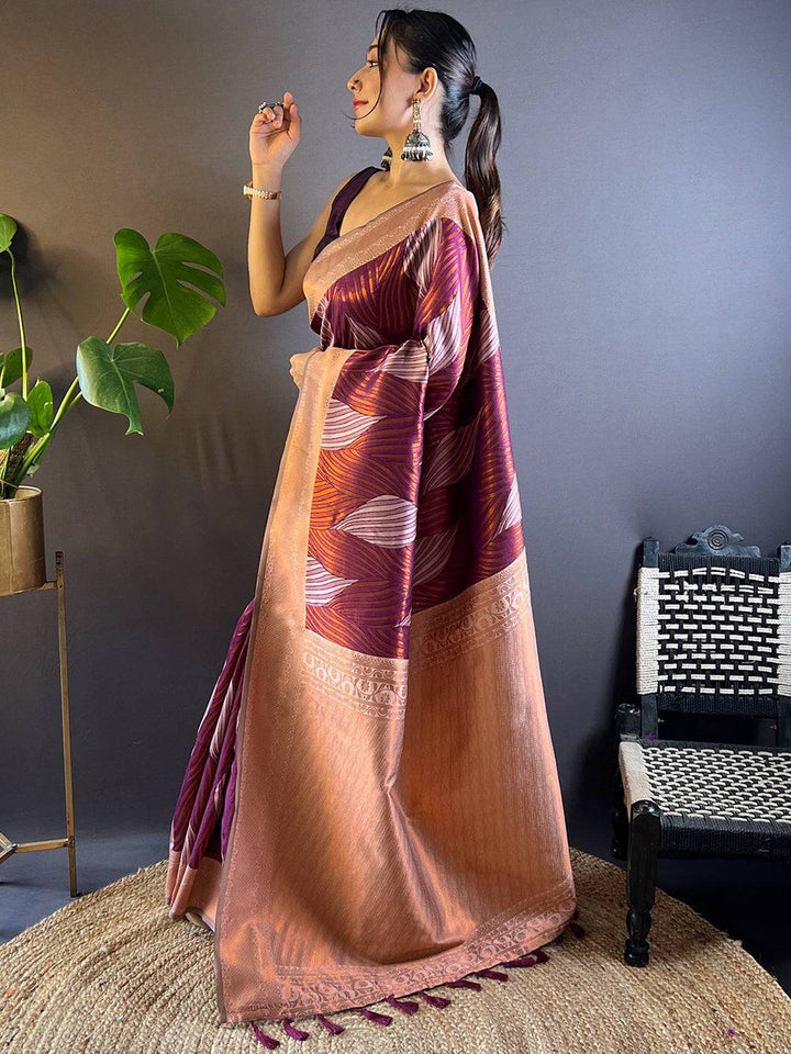 Peach & Plum Soft Silk Saree with Modern Leaf Print and Zari Border