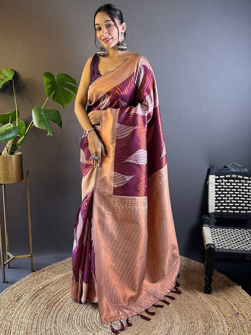 Peach & Plum Soft Silk Saree with Modern Leaf Print and Zari Border
