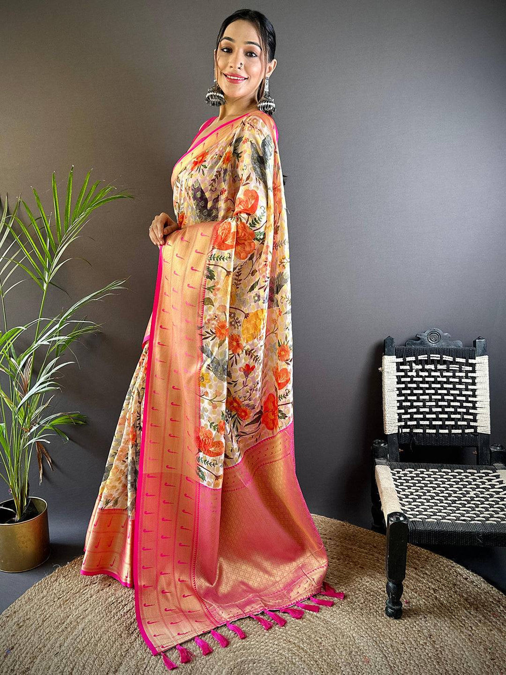 Floral Printed Soft Silk Saree with Gold & Pink Woven Border