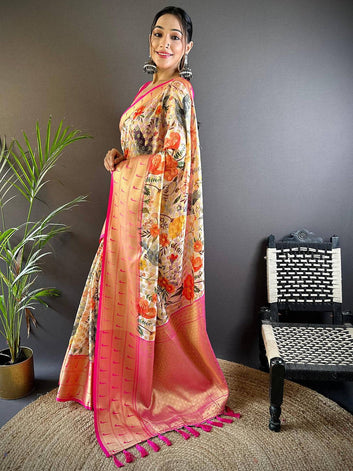 Floral Printed Soft Silk Saree with Gold & Pink Woven Border