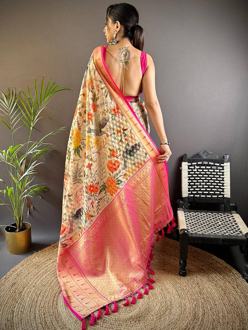 Floral Printed Soft Silk Saree with Gold & Pink Woven Border
