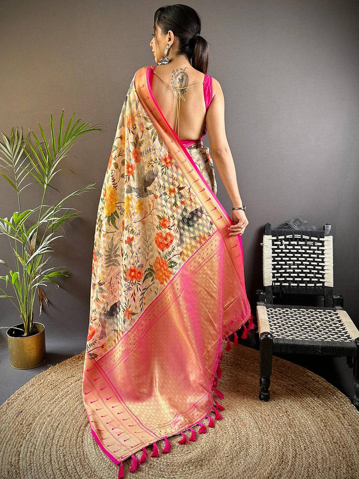 Floral Printed Soft Silk Saree with Gold & Pink Woven Border