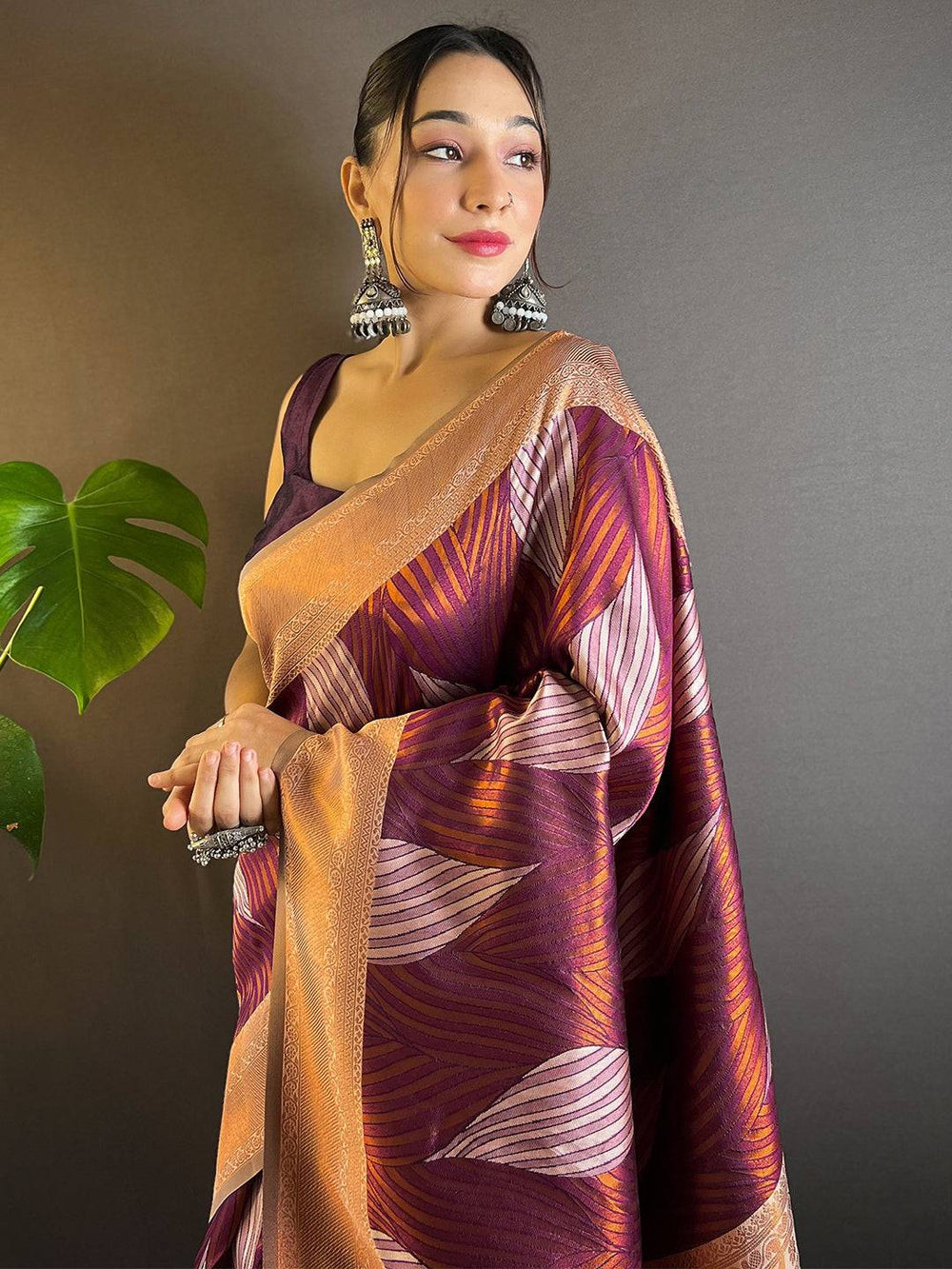 Peach & Plum Soft Silk Saree with Modern Leaf Print and Zari Border