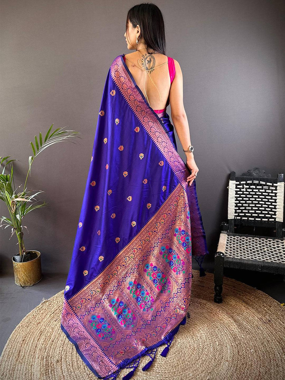 Royal Blue Banarasi Silk Saree with Zari Border & Floral Weaving