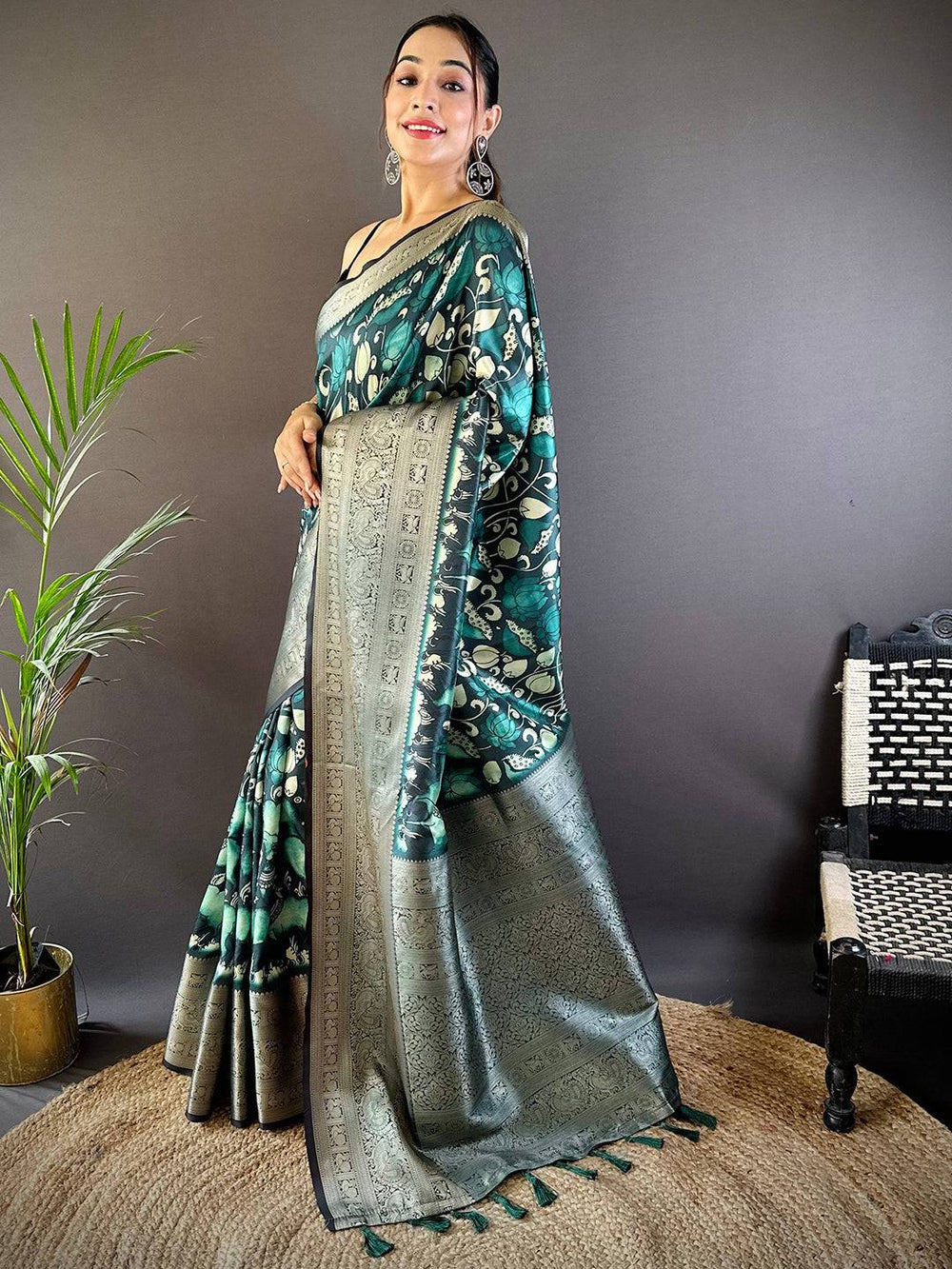 Teal Green & Silver Banarasi Silk Saree with Floral Weave and Rich Zari Pallu