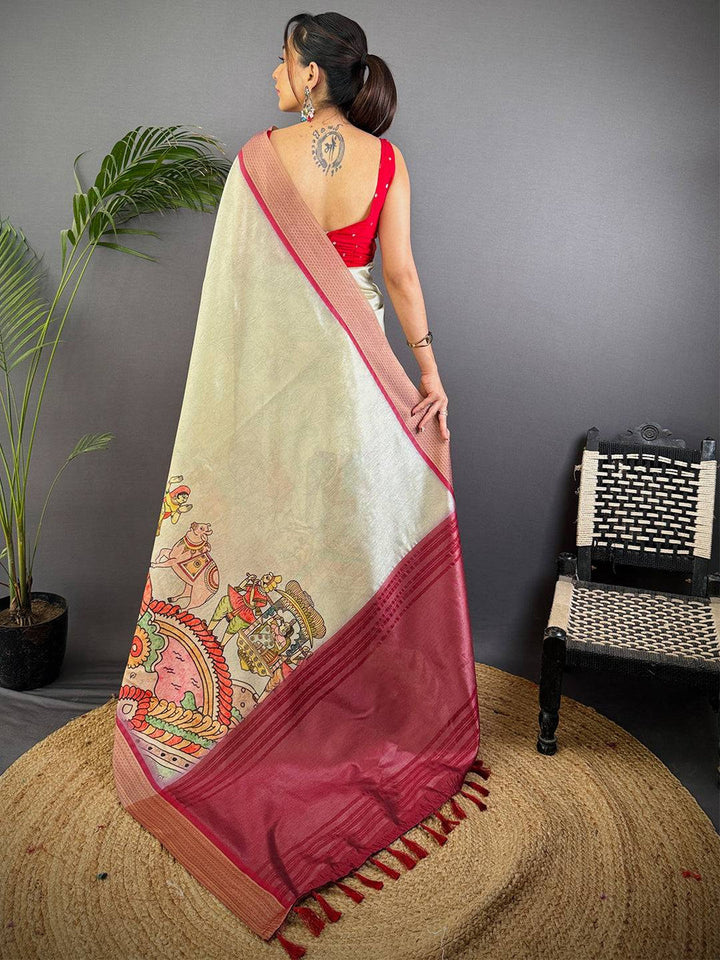 Cream Linen Silk Saree with Artistic Kalamkari Print & Maroon Border