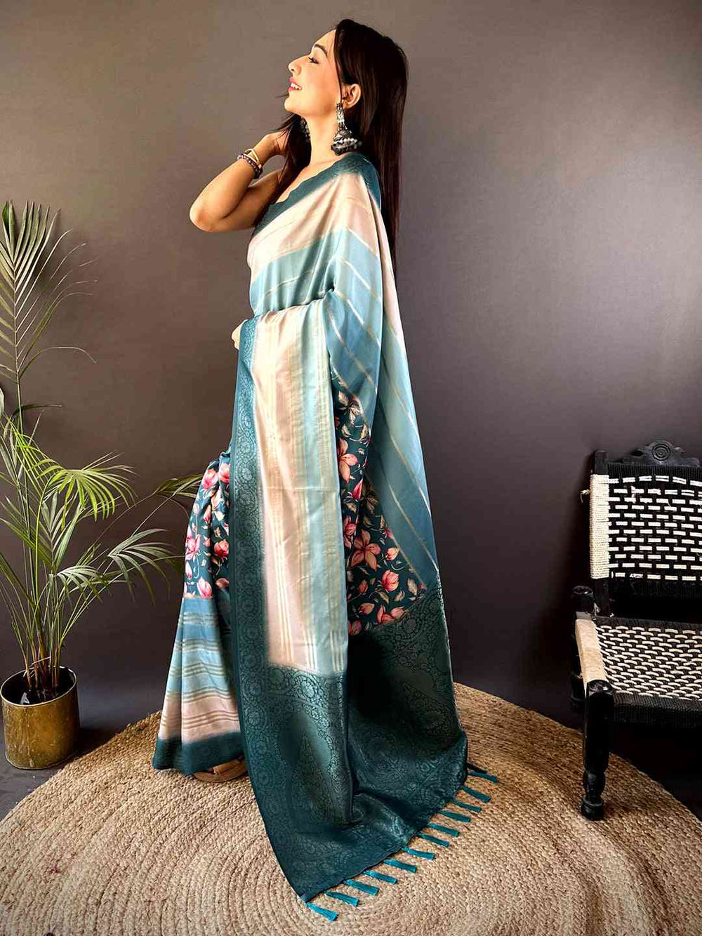Teal & Beige Printed Silk Saree with Floral Design and Rich Woven Pallu