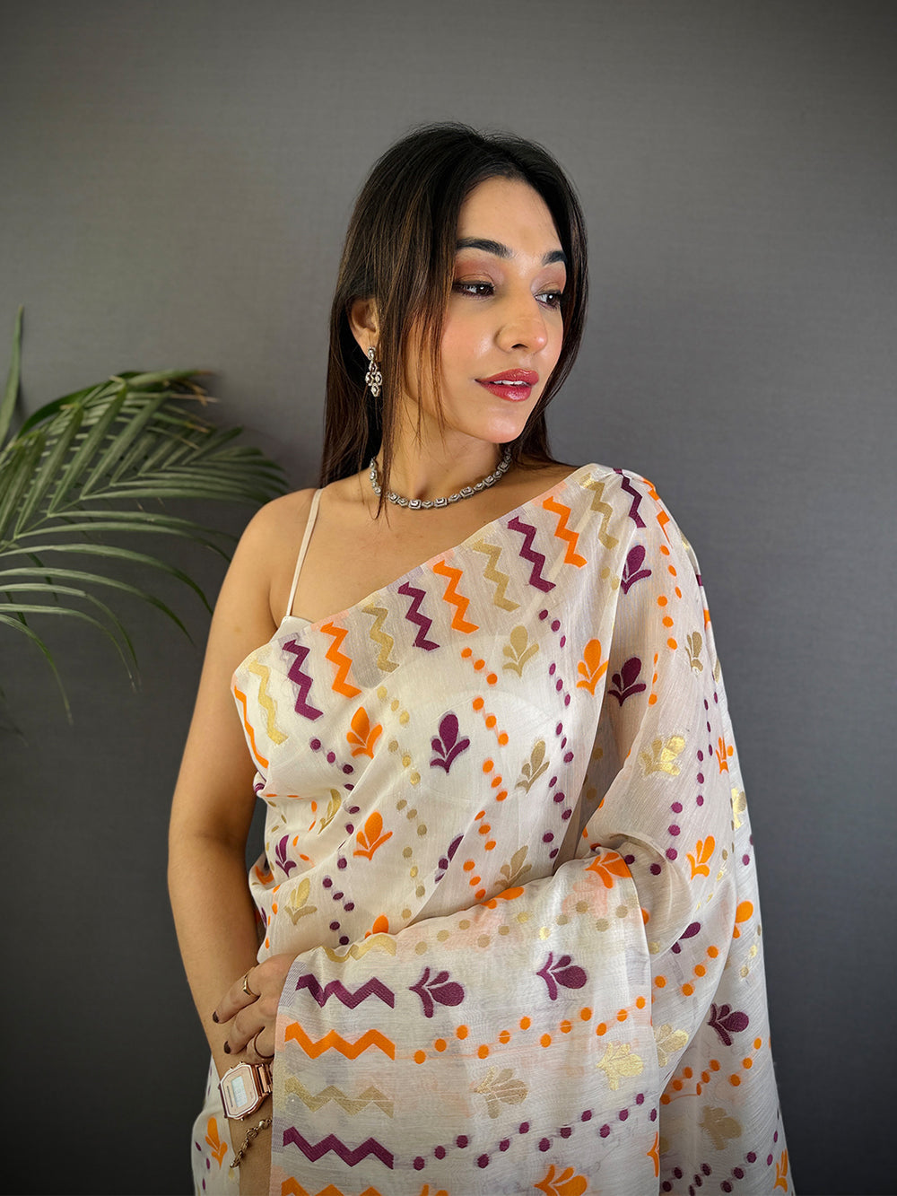 White Printed Linen Silk Saree with Multicolor Floral & Zig Zag Design and Purple Border