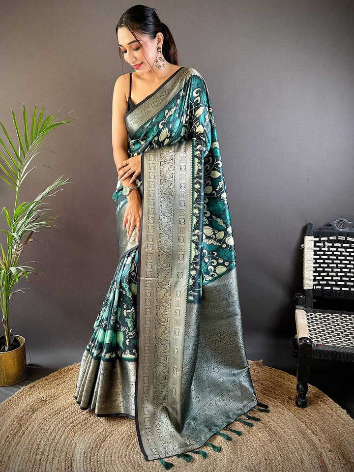 Teal Green & Silver Banarasi Silk Saree with Floral Weave and Rich Zari Pallu