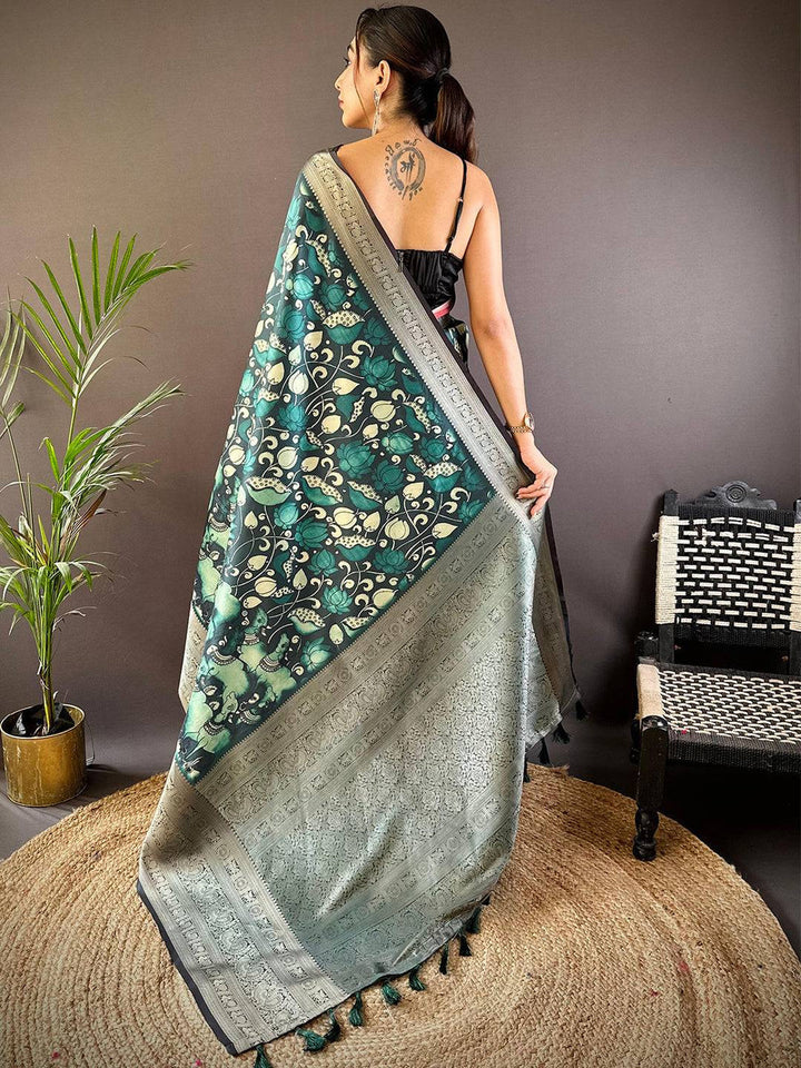 Teal Green & Silver Banarasi Silk Saree with Floral Weave and Rich Zari Pallu