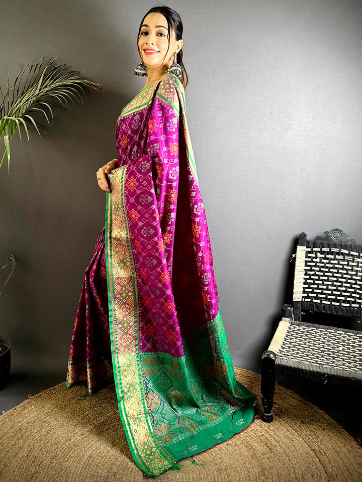 Magenta & Green Patola Print Soft Silk Saree with Contrast Zari Border