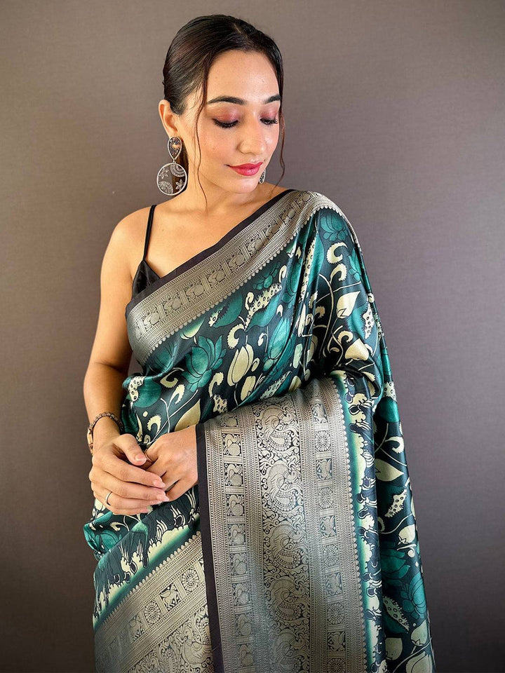 Teal Green & Silver Banarasi Silk Saree with Floral Weave and Rich Zari Pallu