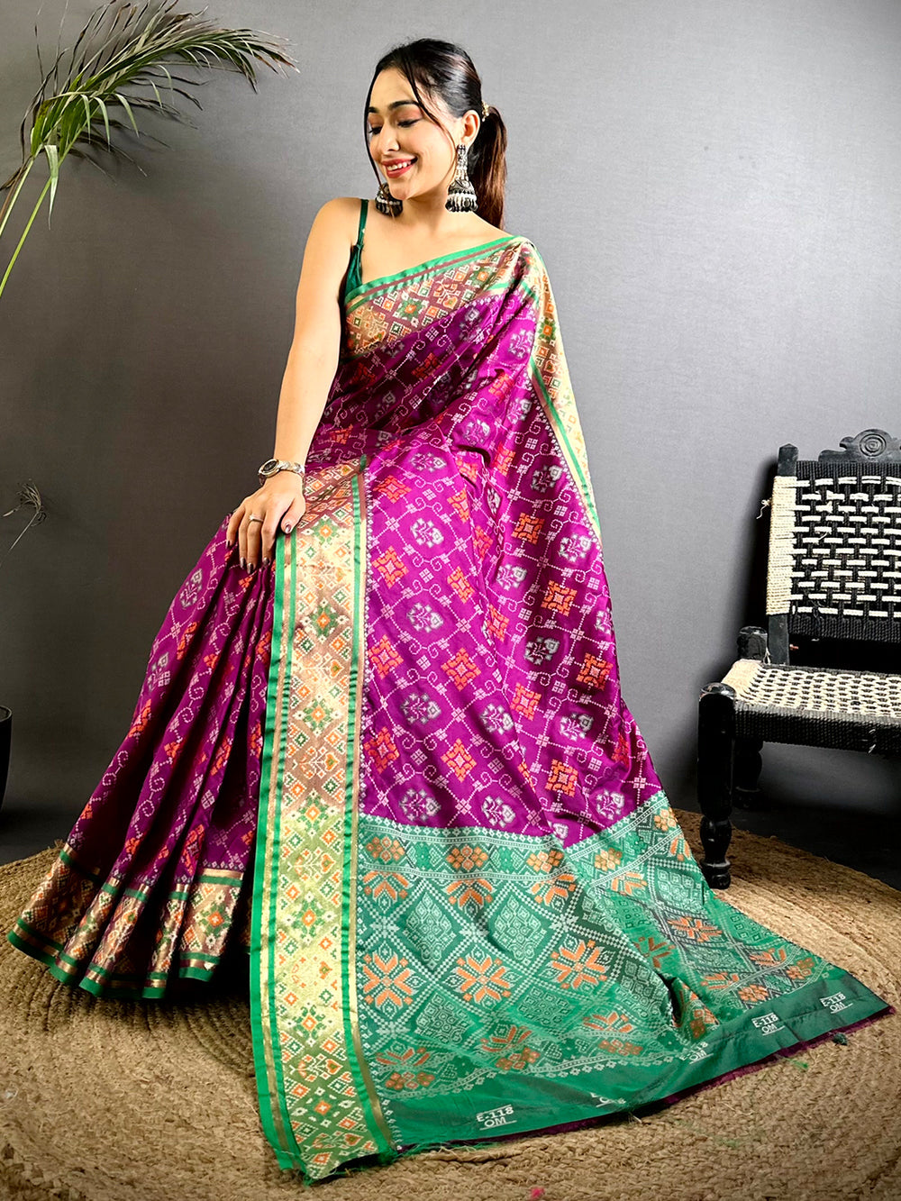 Magenta & Green Patola Print Soft Silk Saree with Contrast Zari Border