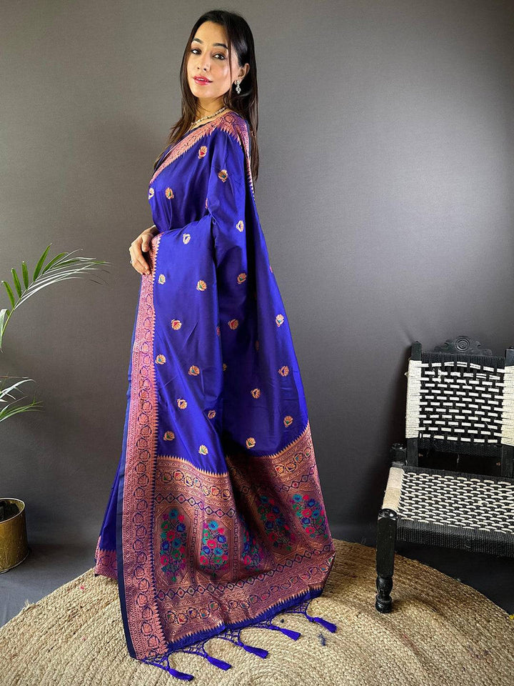 Royal Blue Banarasi Silk Saree with Zari Border & Floral Weaving