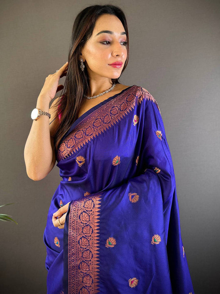 Royal Blue Banarasi Silk Saree with Zari Border & Floral Weaving