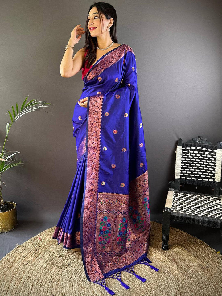 Royal Blue Banarasi Silk Saree with Zari Border & Floral Weaving