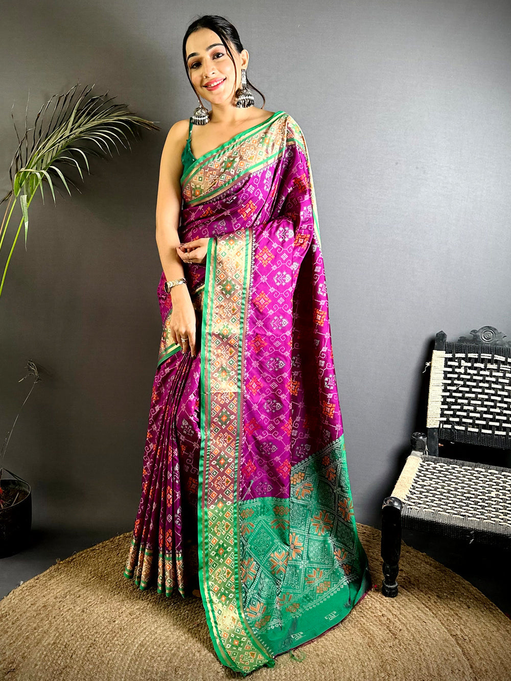 Magenta & Green Patola Print Soft Silk Saree with Contrast Zari Border