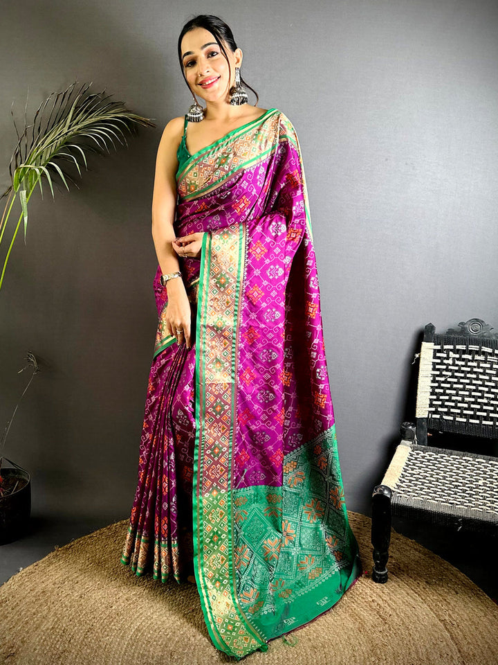 Magenta & Green Patola Print Soft Silk Saree with Contrast Zari Border