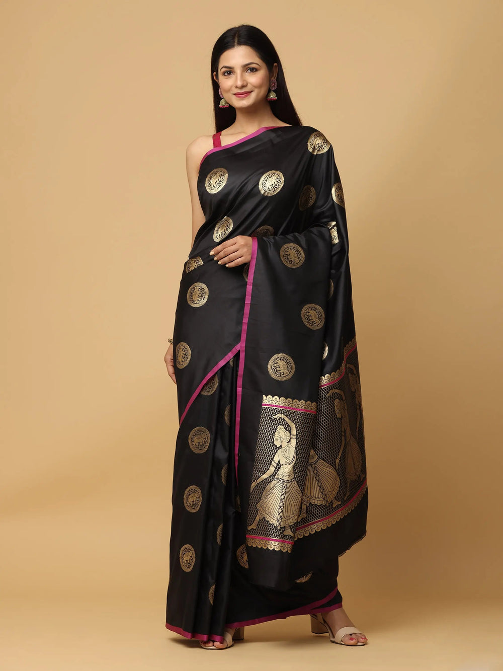 Black Silk Saree with Gold Coin Motifs & Traditional Dancing Lady Border