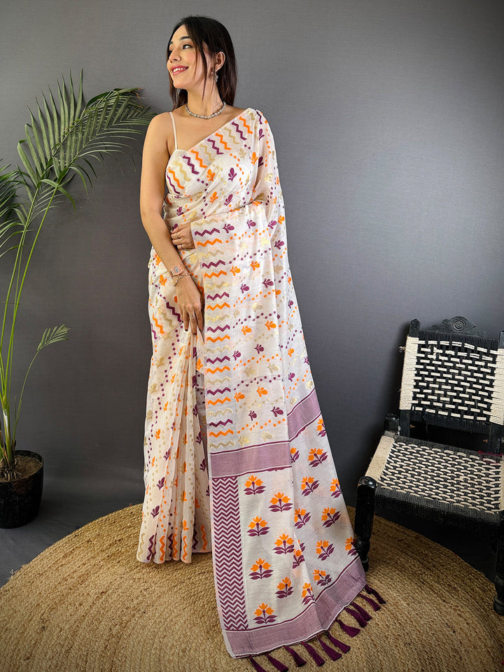 White Printed Linen Silk Saree with Multicolor Floral & Zig Zag Design and Purple Border