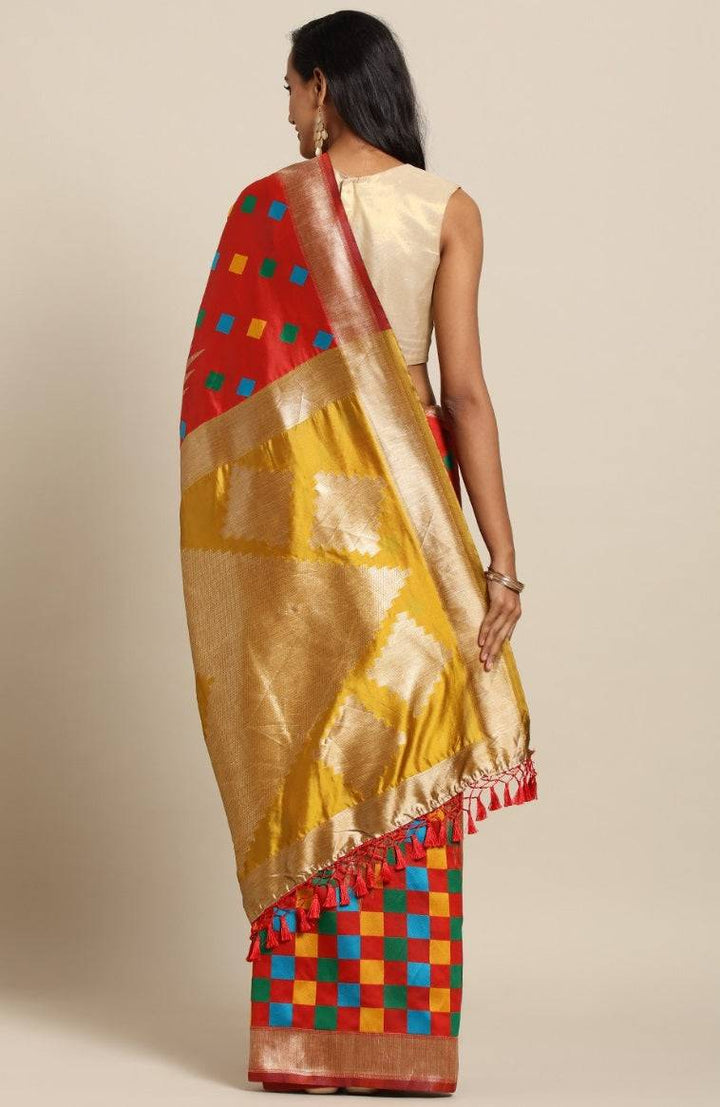 Red Kanjivaram Silk Saree with Multicolor Checks & Golden Zari Pallu