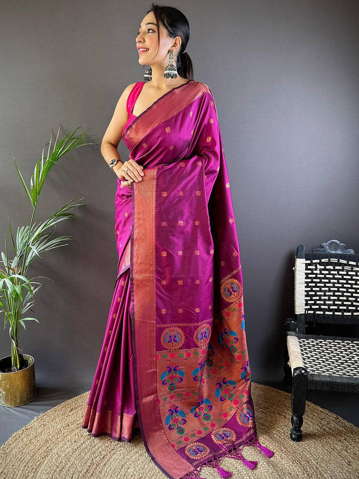 Magenta Banarasi Silk Saree with Zari Border & Multicolor Meenakari Weaving